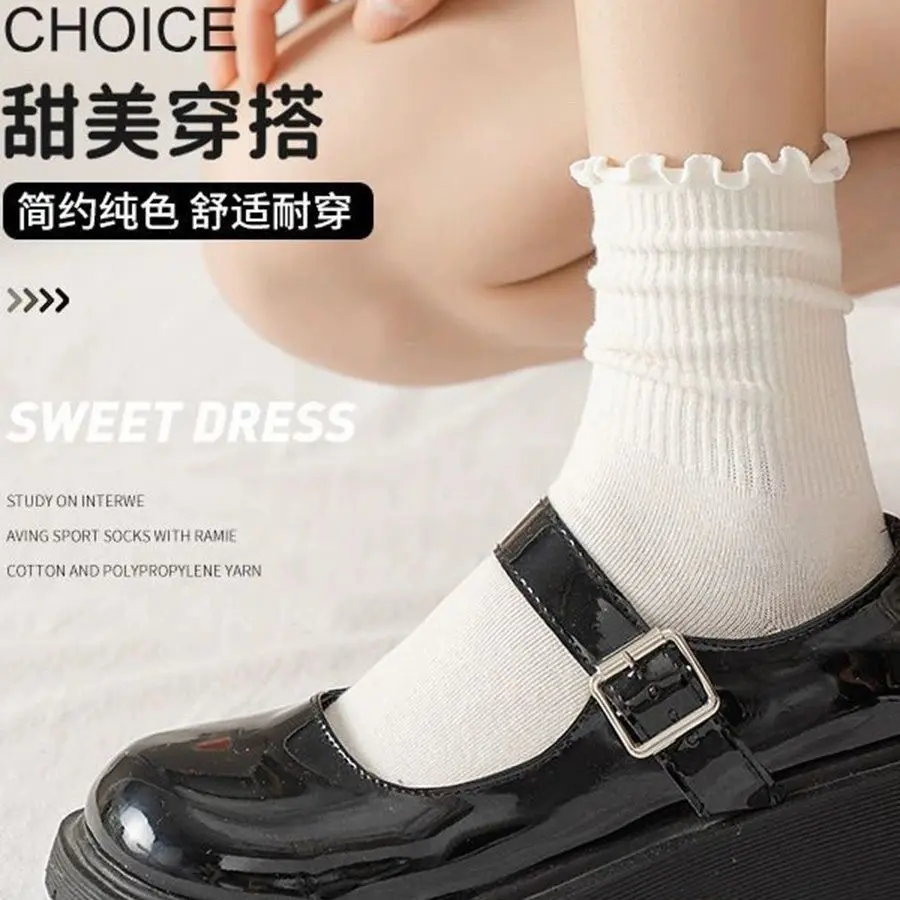 Tất Ren Trắng, Dành Cho Nữ, Dài Giữa Bắp Chân, Thích Hợp Cho Mùa Hè, Phong Cách Mùa Xuân Và Mùa Thu, Viền Xếp Nhún Phong Cách Preppy Hợp Xu hướng Và Dễ Phối Đồ Tất Trơn, Quần Áo Giá Cả Phải Chăng