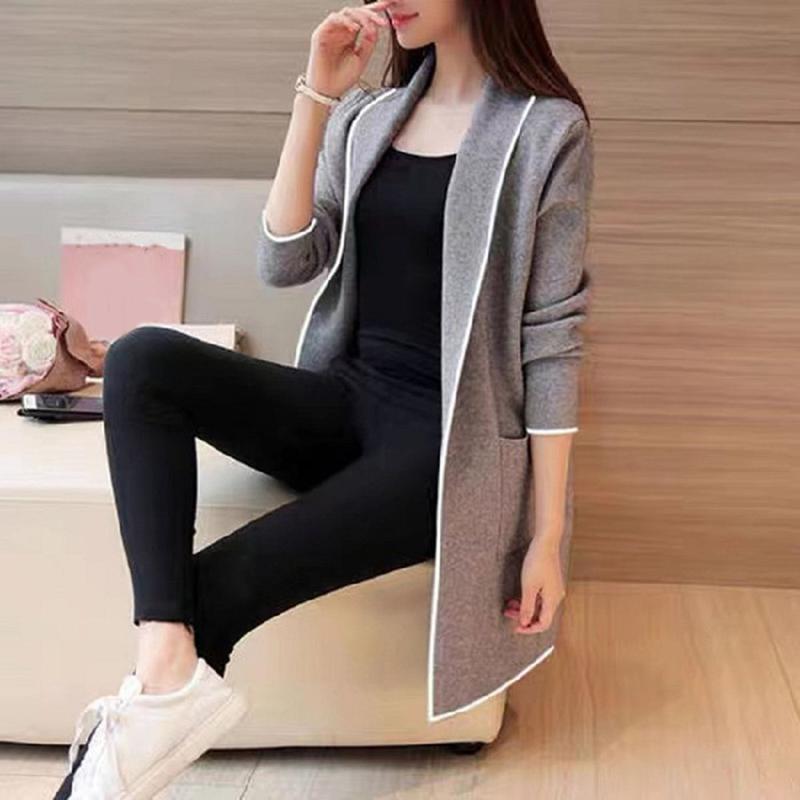 Áo Khoác Thu Đông Cho Nữ, Áo Cardigan Khâu Hở, Dài Tay, Dài Trung Bình Màu Trơn Dáng Rộng Vừa Vặn, Có Túi, Ve Áo, Áo Khoác Ấm Cho Nữ 3