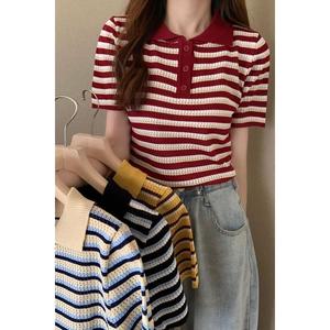 POLO Collar Striped Short Sleeve Ice Silk Knitted T-Shirt for Women, Stylish Summer Versatile Short Top, High-End