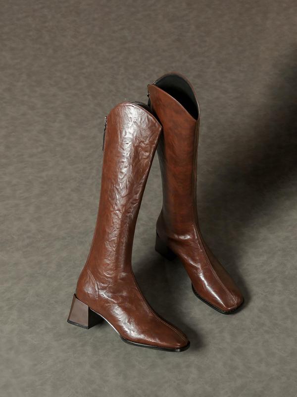 Women's Fashionable Solid Color Square Toe Boots, Retro Style Zipper Design Knee High Boots for Daily Wear, Casual Trendy Versatile High-quality Daily Comfortable Shoes, Girl 3