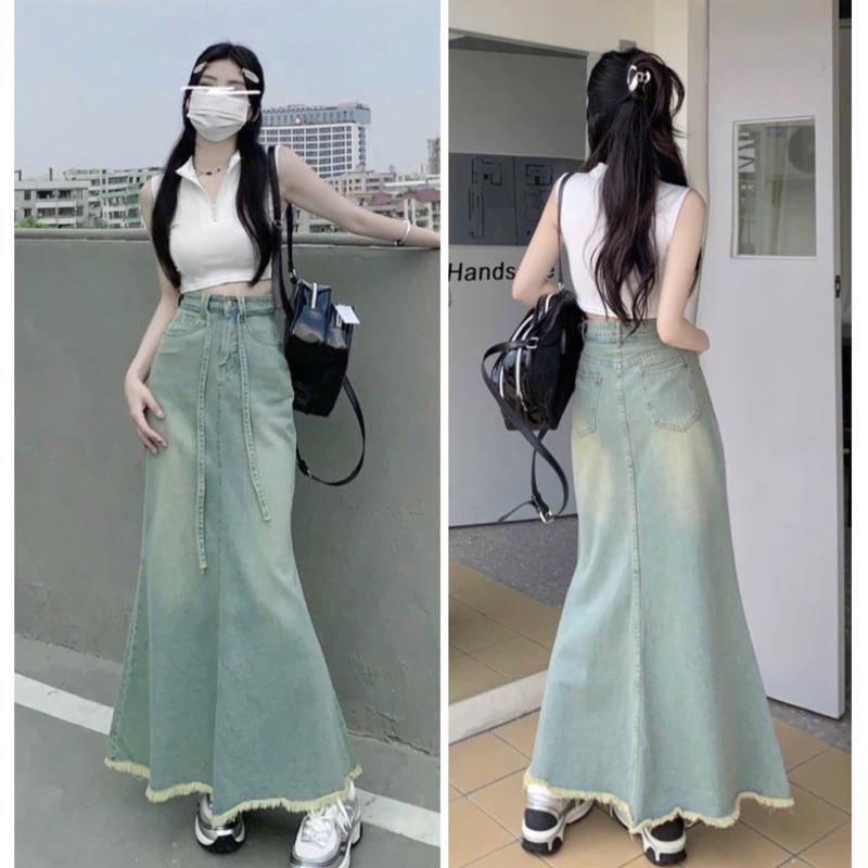 Chân Váy Denim Đuôi Cá Lưng Cao Cột Nơ Phong Cách Retro Thời Trang Nữ Jean