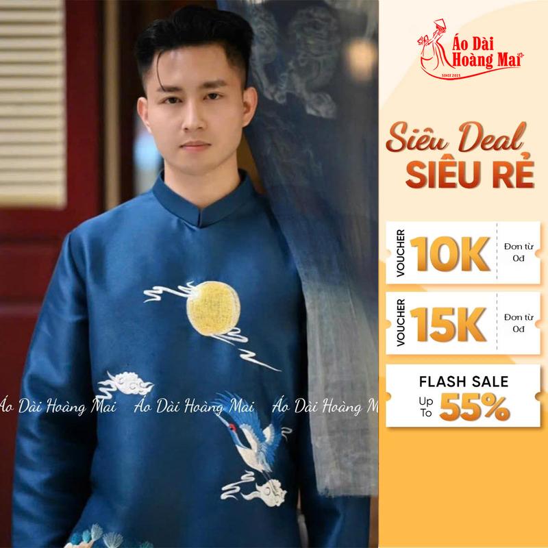 Áo dài nam cách tân truyền thống xanh cổ vịt, xanh navi hoạ tiết thêu HẠC {50-105kg} - Dự Trung Thu & Tết – Hoàng Mai