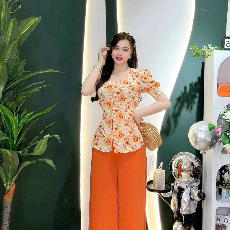 bộ bà ba lụa hoa mango cổ vuông tay búp phối quần lụa tằm ý thiết kế cao cấp Lụa Nhung Voi Áo Hoa Sen Kem