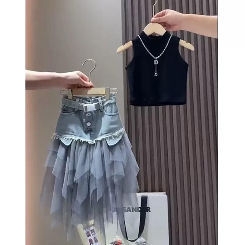  Sét bé gái áo croptop ba lỗ chân váy jean lưới cá tính cho size bé gái size đại và mẹ từ 13-60kg,sét váy jean bé gái cá tính 