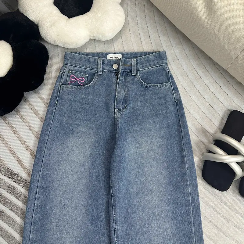 Quần jean ống rộng,quần bò nữ ống suông Aniee cạp cao thêu nơ túi vải denim màu xanh sáng dài 90-92cm dành cho nấm lùn - SUONGTHEUNO Women 2