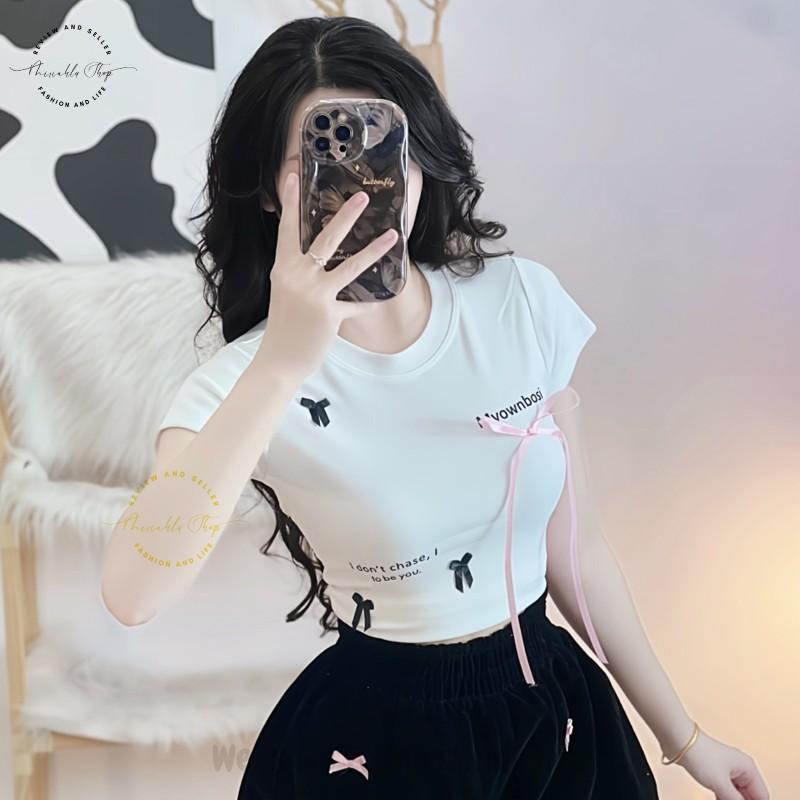 Product Introduction of Áo Croptop Borip Basic Ôm Body In Chữ "I Don't Chase" Đính Nơ Dài, MLS11, Women Thun Sen Sò Hoa Sen Trắng Kem Tre Cổ Tròn Dáng Ngắn 23