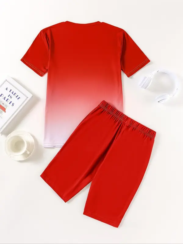 Two-piece Set Women's Ombre Print Short Sleeve Tee & Skinny Shorts, Casual Round Neck T-shirt & Shorts for Daily Wear, Ladies Two-piece for All Seasons, Clothes 2