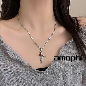 amophi kalung Cross Vine Rose Necklace untuk Wanita Desain Niche High-End Rantai Klavicle Sweet Cool Hot Girl Kalung Kalung C242