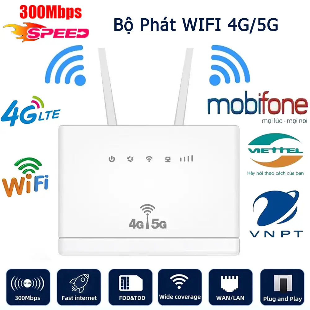 Lắp thẻ SIM để sử dụng WIFI,Bộ Phát Wifi Từ Sim 4g/5g LTE 4G CPE tốc độ 300Mbps 3 Cổng Lan , Kết Nối 32 Thiết Bị,