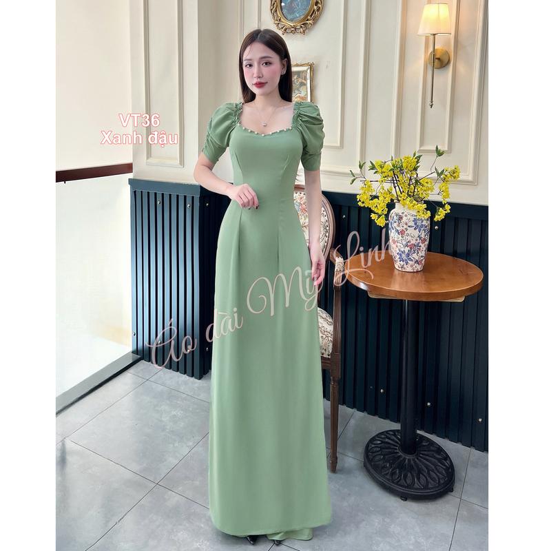 Bộ áo dài cổ vuông tim đính hạt tay phồng dún có 6 màu chất liệu vải lụa mềm, mịn, mát, co giãn Nữ Women Nhung Dress Voi Voan, áo dài ngày phụ nữ, áo dài lễ hội, áo dài giáo viên