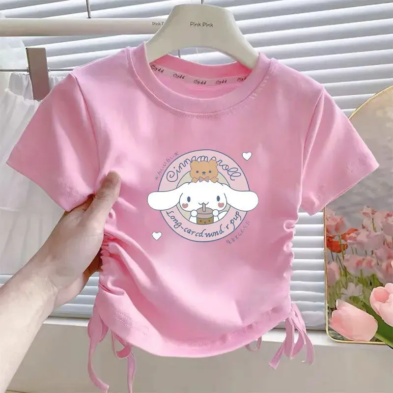 Áo ngắn Tay Cotton, Cho Bé Gái, Thiết Kế Hoạt Hình Ngọt Ngào Dây Rút, Phong Cách Công Chúa, Áo Thun, 2025, Thích Hợp Cho Bé Gái, Hàng Mới Về Mùa Hè 7