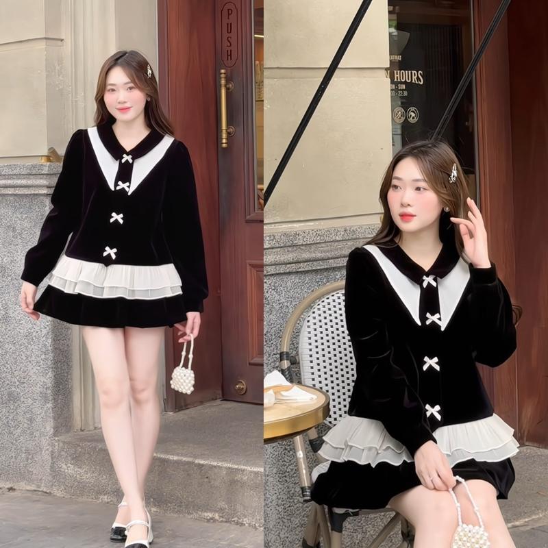  Nacyset Set áo nhung phối tơ cổ đính nơ kèm chân váy xoè tiểu thư công chúa Top Women Nữ DILYSHOP_ S99 
