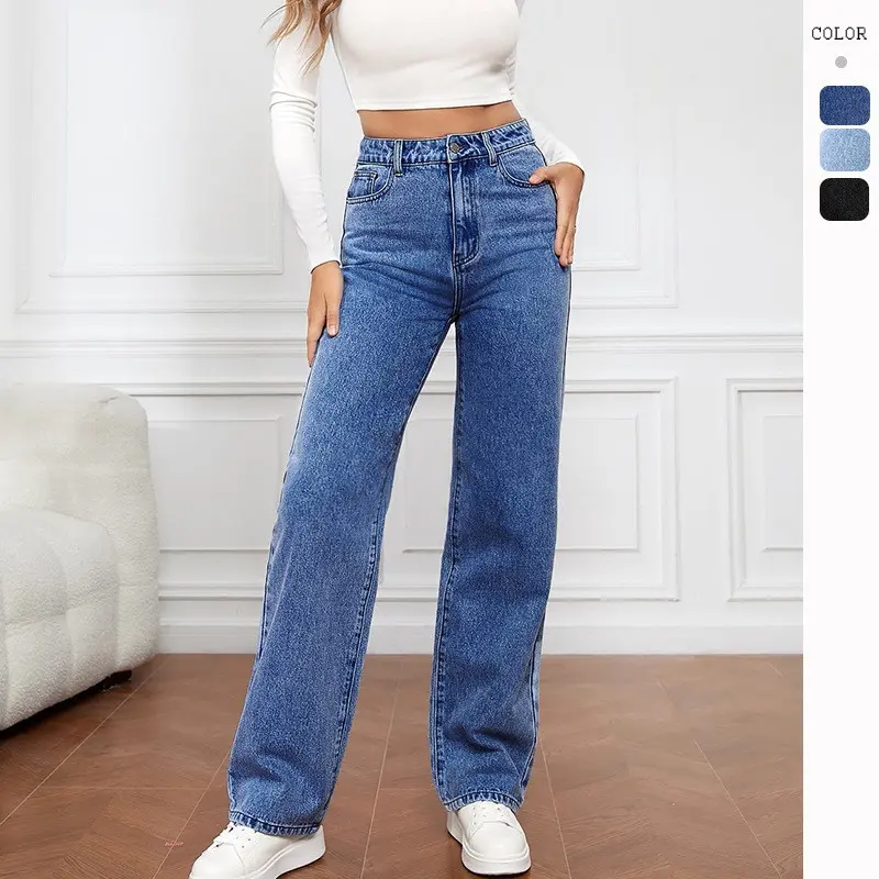 2025 New Washed Denim Fashion Straight Trousers Jeans Women's Pants