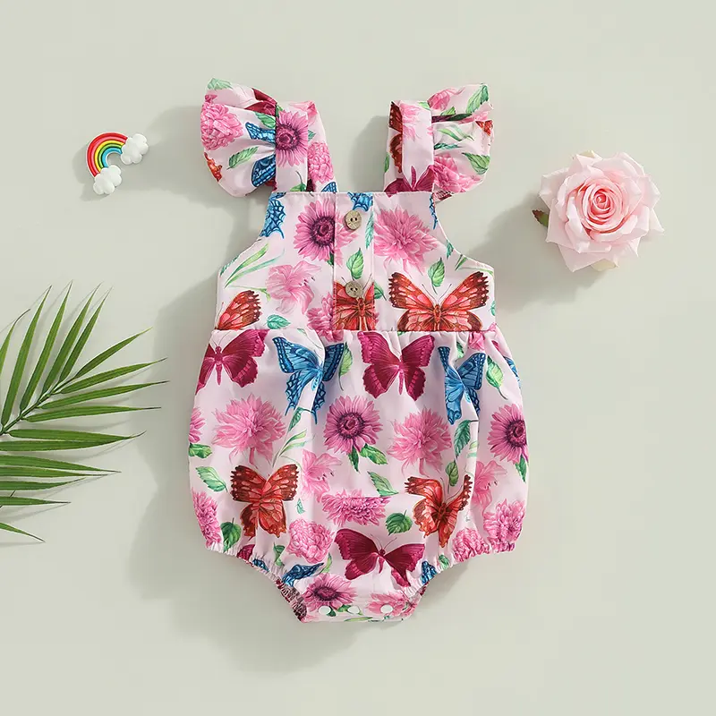 Baby Girls Romper, Fly Sleeve Button Closure Butterfly Flower Print Summer Bodysuit for Casual Daily