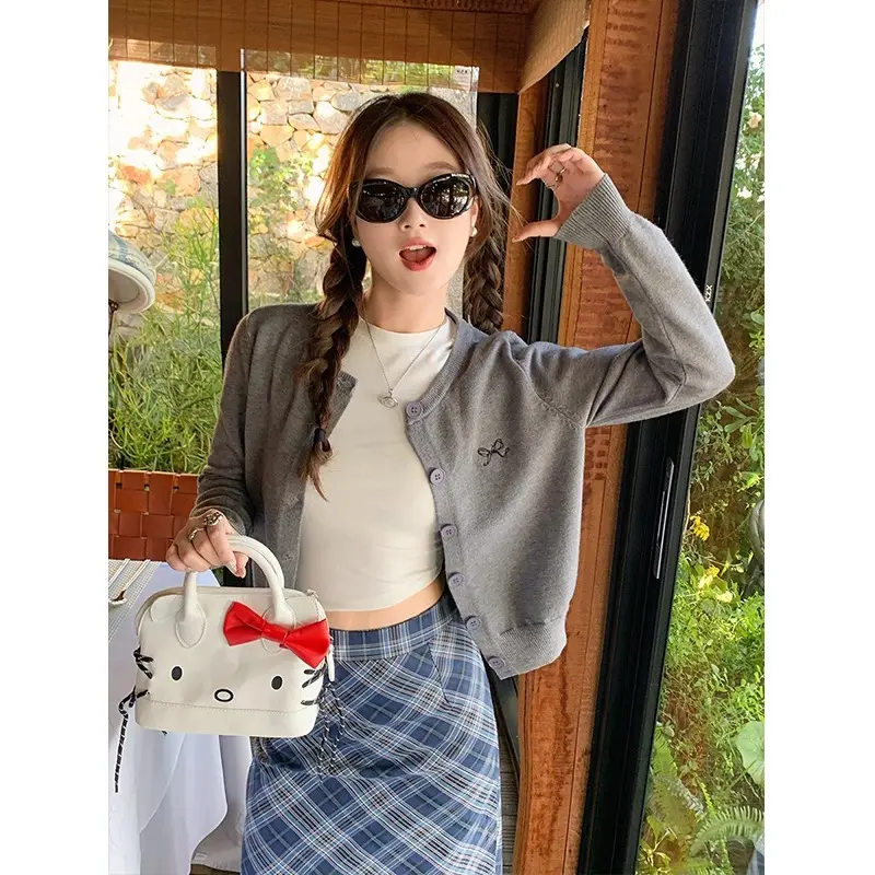 Long Sleeve Knitted Cardigan for Women with Embroidered Bow, Slim Fit, Flattering New Style Jacket