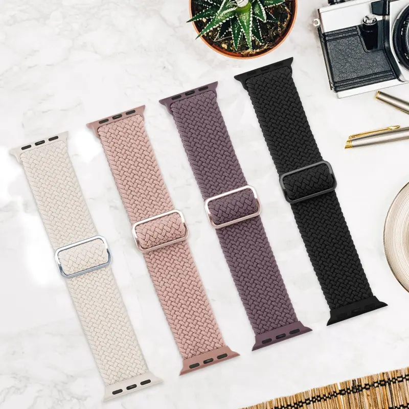 Nylon Elastic Braided Strap for Apple Watch Ultra 2 49mm Series 10 9 8 7 SE2 6 5 4 3 2 1 Adjustable Colorful Belt Bracelet Metal Buckle Band for iWatch 46mm 42mm 41mm 45mm 44mm 38mm 40mm DT No 1 HW22 W26 IWO T500+pro Tali Jam Tangan Smartwatch Accessories 5