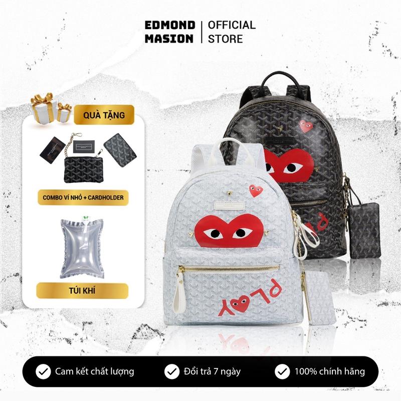 Balo EDMOND MASION CDG PLAY Monogram trái tim tặng kèm ví nhỏ và card holder chính hãng da cao cấp, balo EMM đi học đựng laptop size M/L Bag Backpack Đeo Vai Túi Kem  ặp edmondmasion