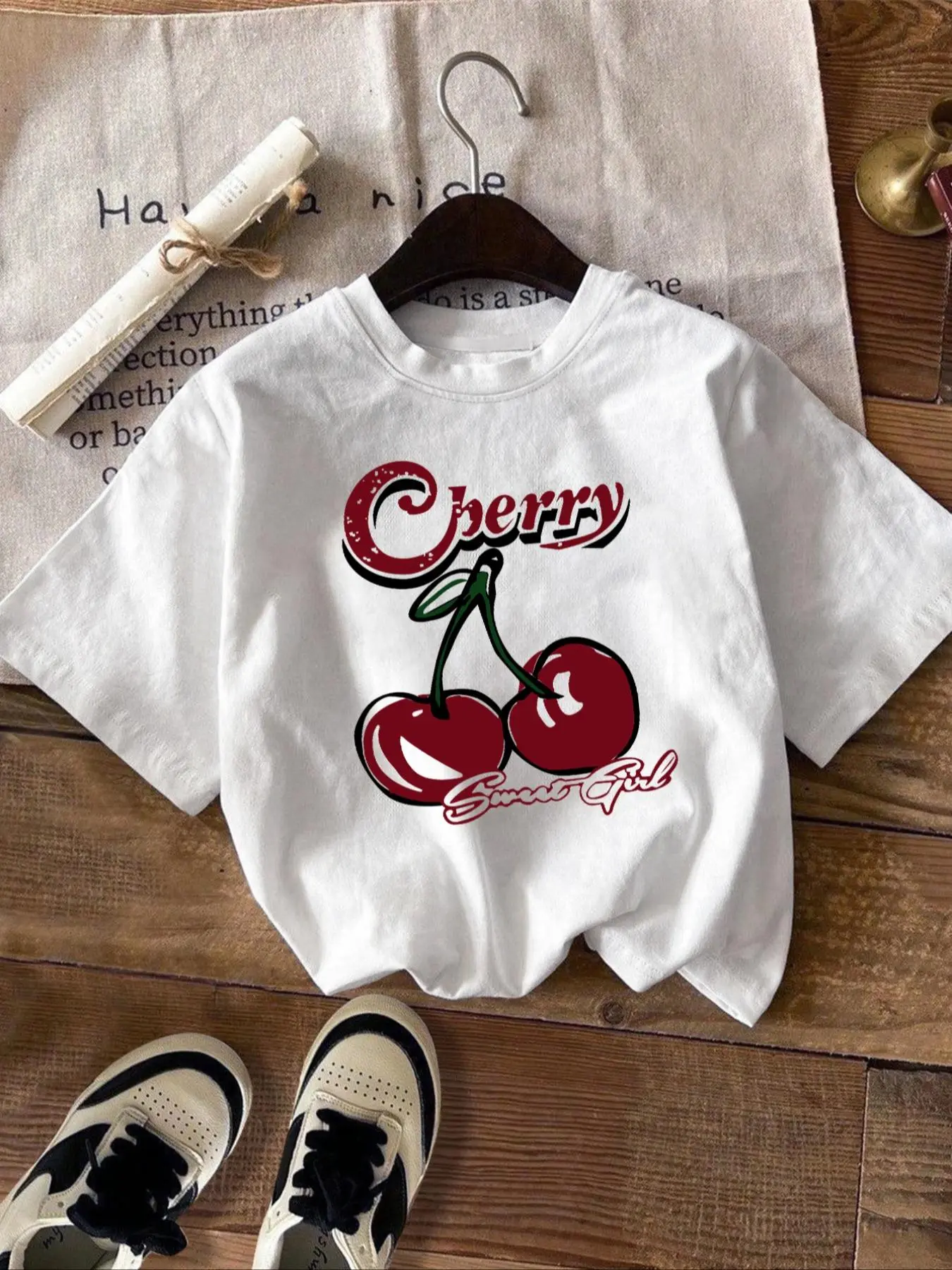 Women's Letter & Cherry Print Round Neck Tee, Casual Short Sleeve Graphic Print Crew Neck T-shirt, Ladies Clothes for Daily Wear