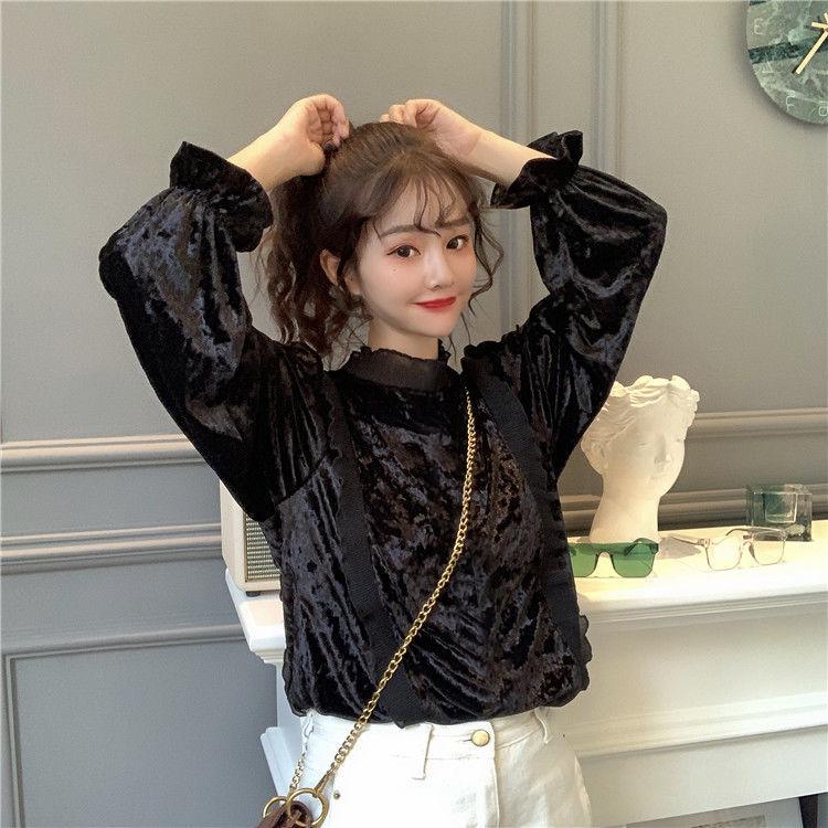 Product Introduction of Áo Sơ Mi Nhung, Ngọt Ngào Và Thanh Lịch, Chắp Vá Selvedge Dây Cổ Đứng, Hàng Mới Về Mùa Thu Cho Nữ, Tay Phồng Trẻ Trung, Áo Dài Tay 22