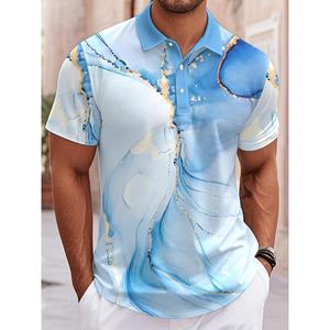 ชุดเสื้อเชิ้ตพิมพ์ลายหินอ่อนสำหรับผู้ชาย - โพลีเอสเตอร์น้ำหนักเบาและระบายอากาศได้ดี, แขนสั้นแบบปกติ, ดีไซน์หมุนวนสีน้ำเงินและขาว, เหมาะสำหรับกอล์ฟ, เทนนิส, ชุดลำลองและงานปาร์ตี้ - สไตล์กีฬาฤดูร้อน, เสื้อกอล์ฟ, ชุดเทนนิส, ผ้าที่มีน้ำหนักเบา, ชุดกีฬาที่ทนทา