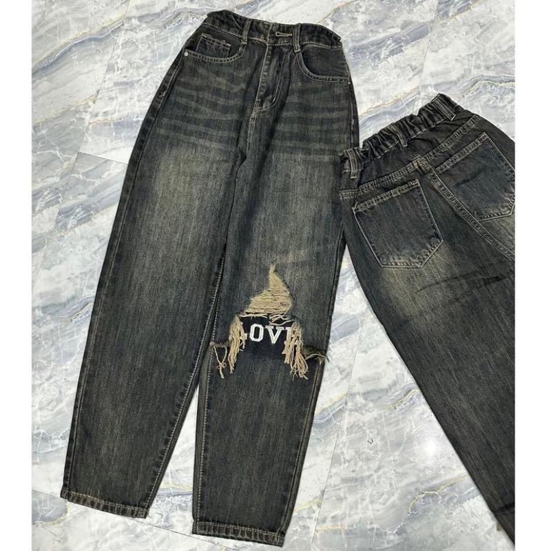 [2160] [Có BIGSIZE ]Quần Baggy Lưng Chun Thêu chữ rách gối Jean Pants Denim Nữ 3