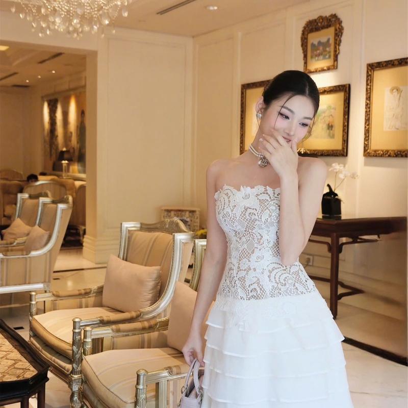 Đầm cúp ngực ren tơ xếp tầng hàng thiết kế nữ - Women Cup Dress Màu Trắng 3