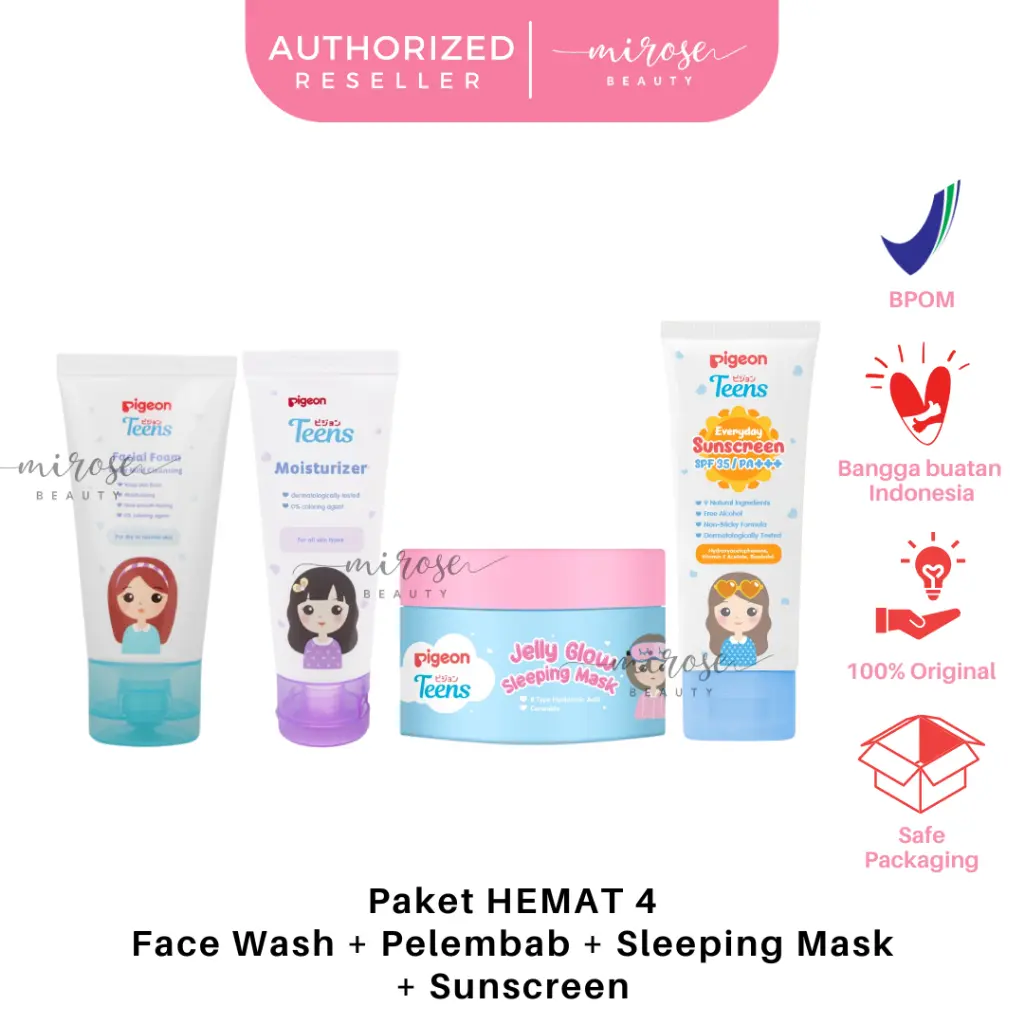 [ISI 4] PIGEON TEENS Paket HEMAT 4 : Face Wash 40ml + Moisturizer 20ml + Sleeping Mask + Sunscreen | Paket HEMAT Remaja Isi 4