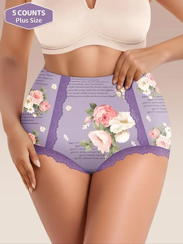 【Plus Size】 Floral & Letter Print Lace Trim High Waist Panty, Elegant Breathable Comfy Tummy Control Knicker for Daily Wear, Women's Underwear for All Seasons 3