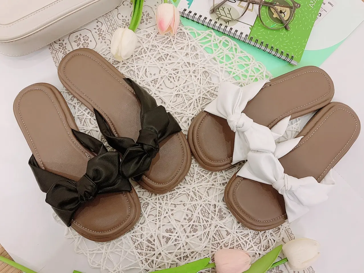 Dép bệt nữ quai chữ X  thắt nơ kiểu mới đế 2 cm Nhung DéP Shoes Đồng Jean GiàY