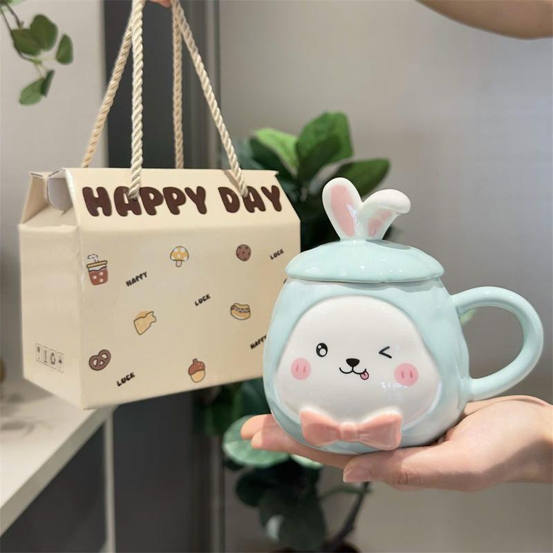 quà tặng Ly sứ uống nước hình thỏ dễ thương 450ml quà tặng cho bạn Rất ý nghĩa Có nắp kèm thìa TTB