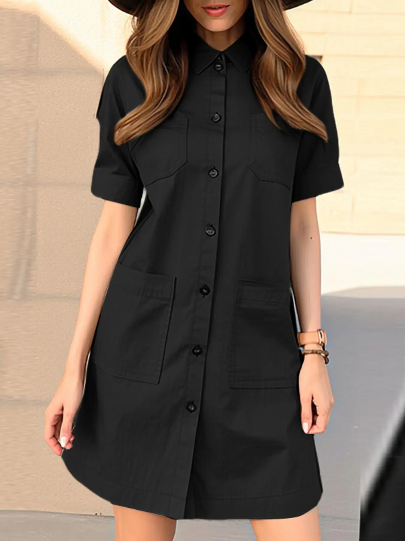Women's Plain Short Sleeve Dress, Casual Loose Solid Shirt Dress for Summer, Ladies Clothes for Daily Wear