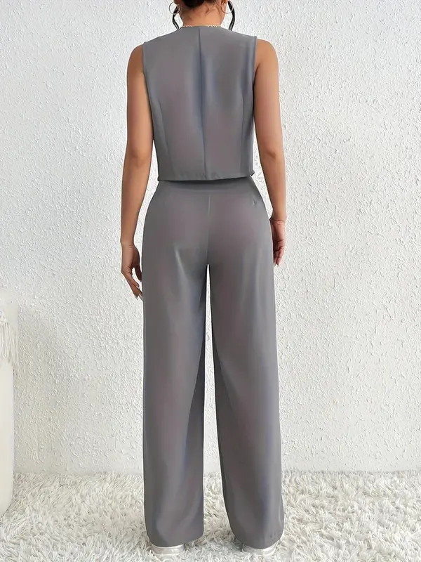 Women's Solid Pocket Crop Suit Vest & High Waist Pants Set, Casual  Tummy Flattering Button Front Top & Wide Leg Plicated Trousers, Summer Clothes, Co Ord Set Summer 1