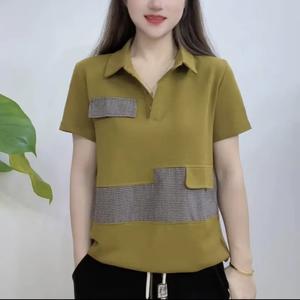 New Women Short Sleeve Polo Shirt V-Neck Top Mom Midlife Loose Premium Blouse Satnd Collar Shirts