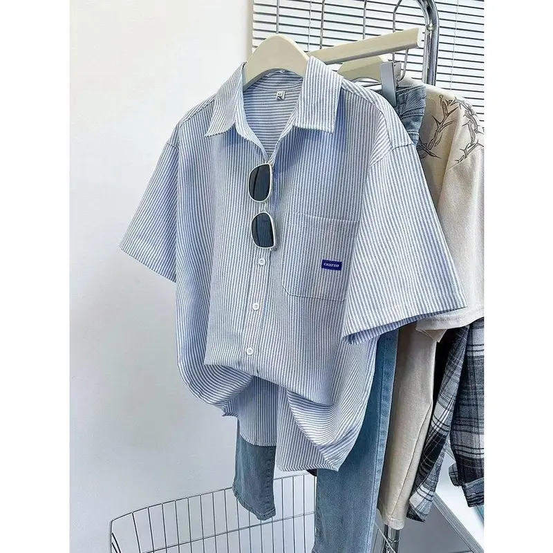 Áo sơ mi ngắn tay sọc Xanh Biển retro kiểu Nhật Bản, áo sơ mi bé trai và bé gái mùa hè rộng rãi, phù hợp với đa năng, mỏng, áo mới, áo khoác ngoài 1