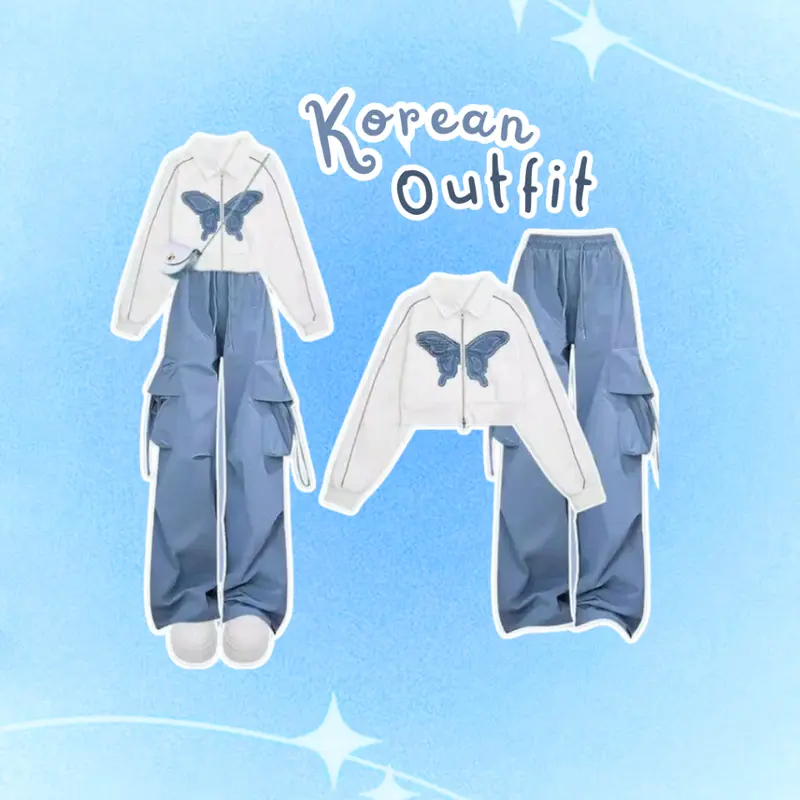 ((COD)) 2 In 1 One Set Setelan Korean Style Remaja Aestatic OOTD Hangout Kece With Butterfly Jacket Crop - Set T16 0