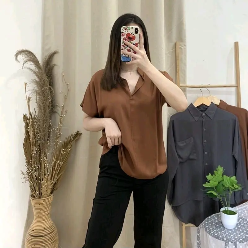 kemeja pendek wanita krah shanghai Santai Santai Hitam Putih Twill Baju Atasan