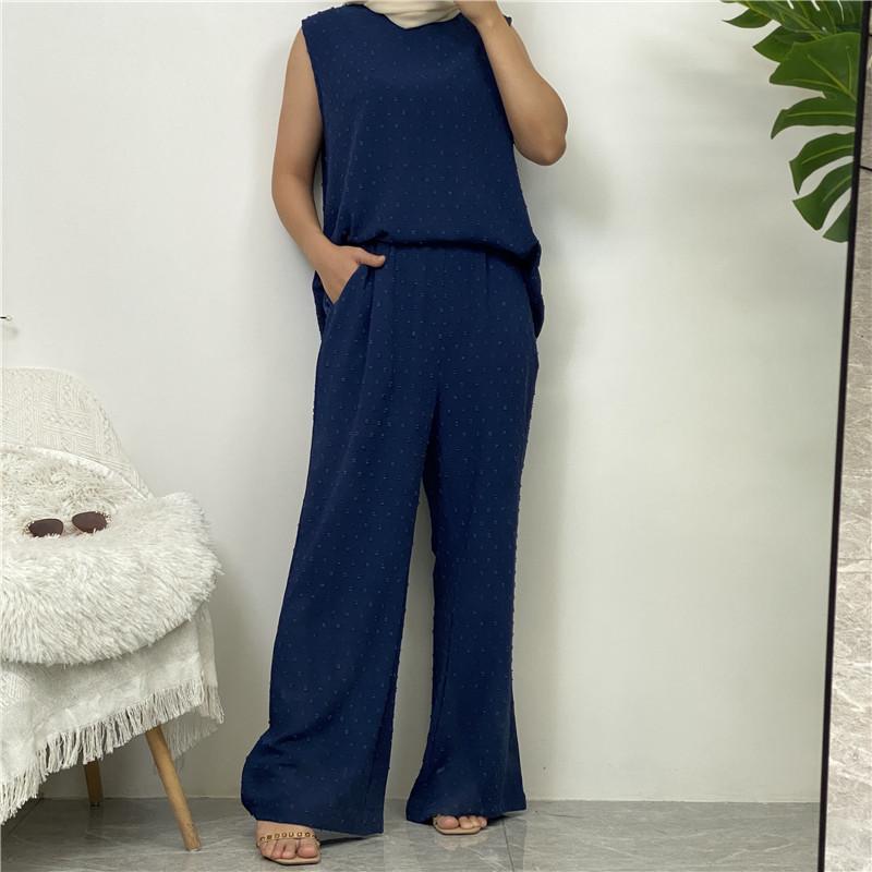 Product Introduction of Robe Three-Piece Set Long Cardigan Sleeveless Top and Pants with Pockets Muslim Islamic Clothing 1958 14