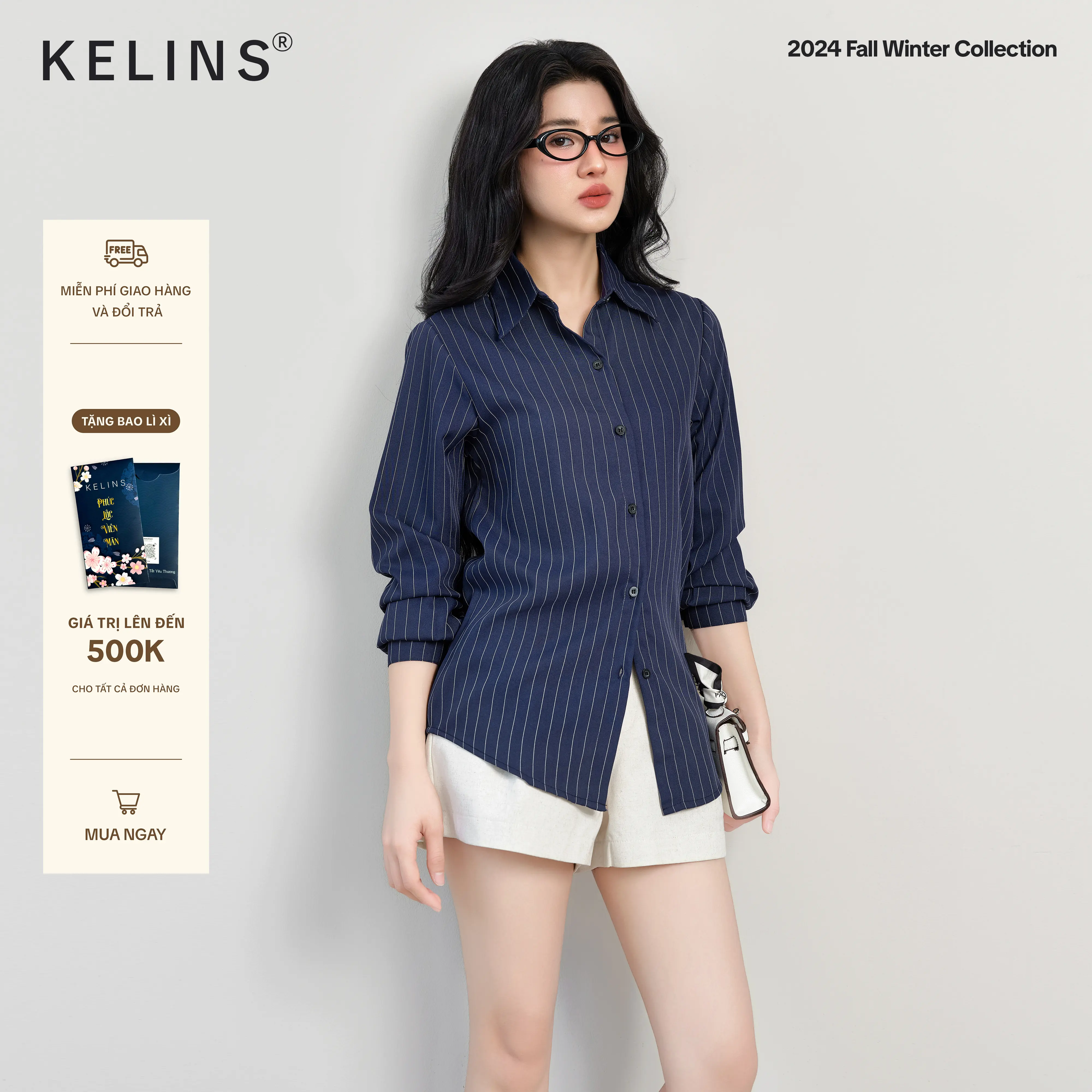 Áo sơ mi nữ kẻ sọc Xanh Sọc Trắng Kelins, Chất Cotton, Freesize