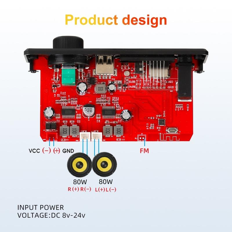 Product Introduction of Car Bluetooth 5.0 12V 2*80W MP3 player USB FM microphone handsfree control decoding board 18