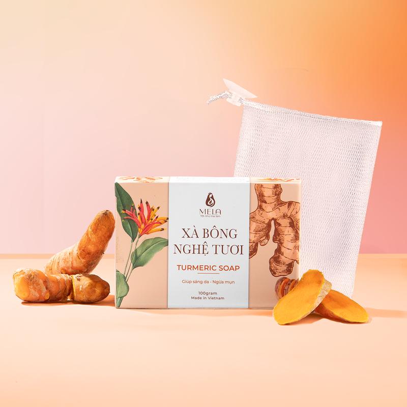 Xà bông nghệ Mela kèm túi tắm – Giúp sáng da và ngăn ngừa mụn 100g ML16