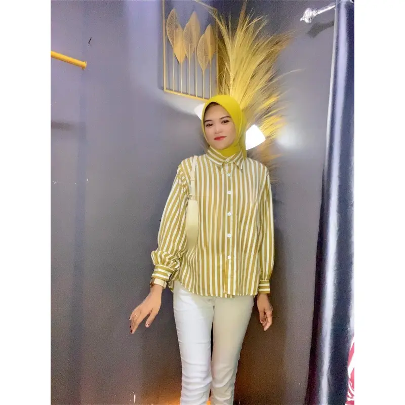Kemeja Wanita Stripe Shirt Salur Silang Belakang Bahan Katun Rayon 6