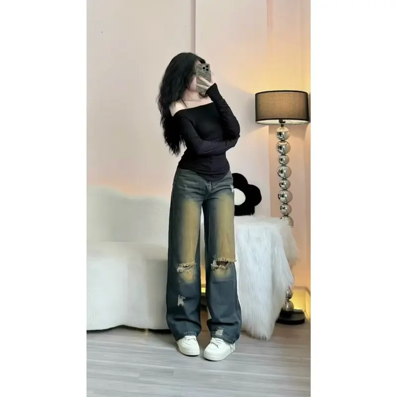 Quần Jean Rách Hugo store , Quần Bò Nữ Ống Suông Màu Xanh Rêu T1 Pants Women Kem quansuong  namlun m5 quần xs 4