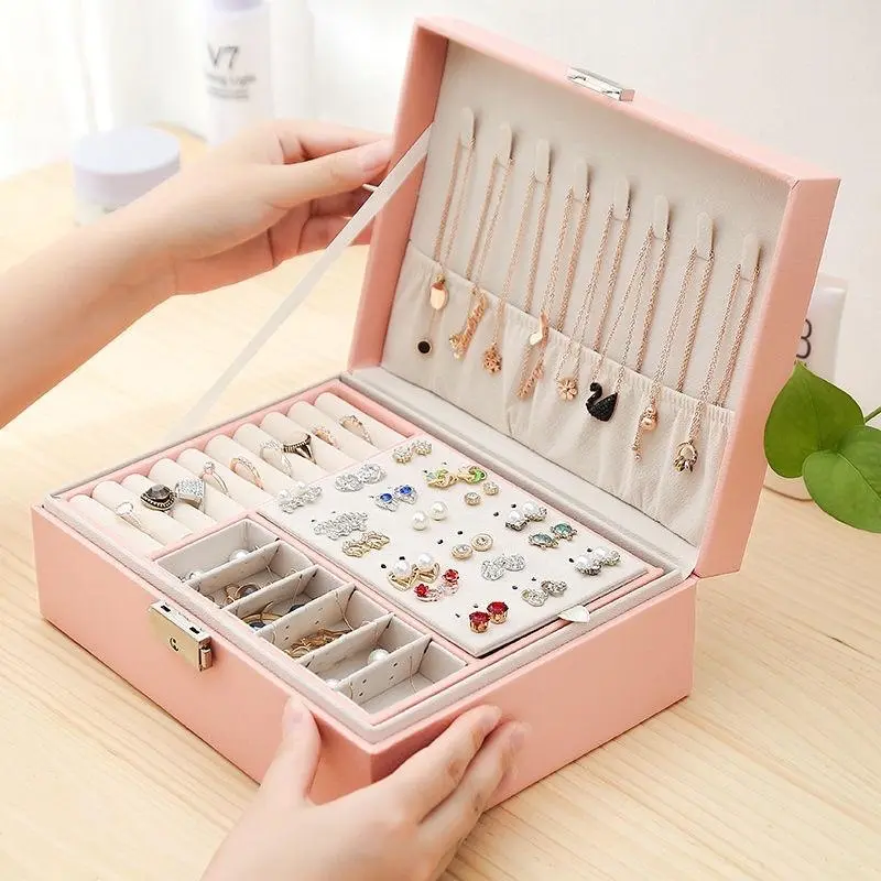 [Mẫu Mới]Hộp đựng trang sức hai tầng bọc da Pu có khoá cao cấp