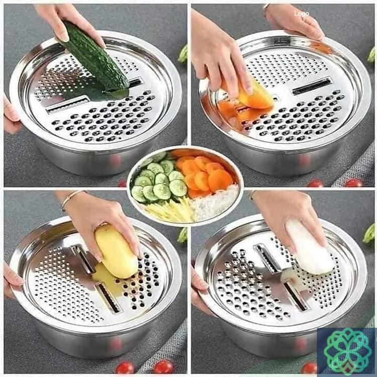 Bộ 3 Món Bào Nạo Rau Củ Kiêm Rổ và Chậu Inox Cao cấp Đa Năng