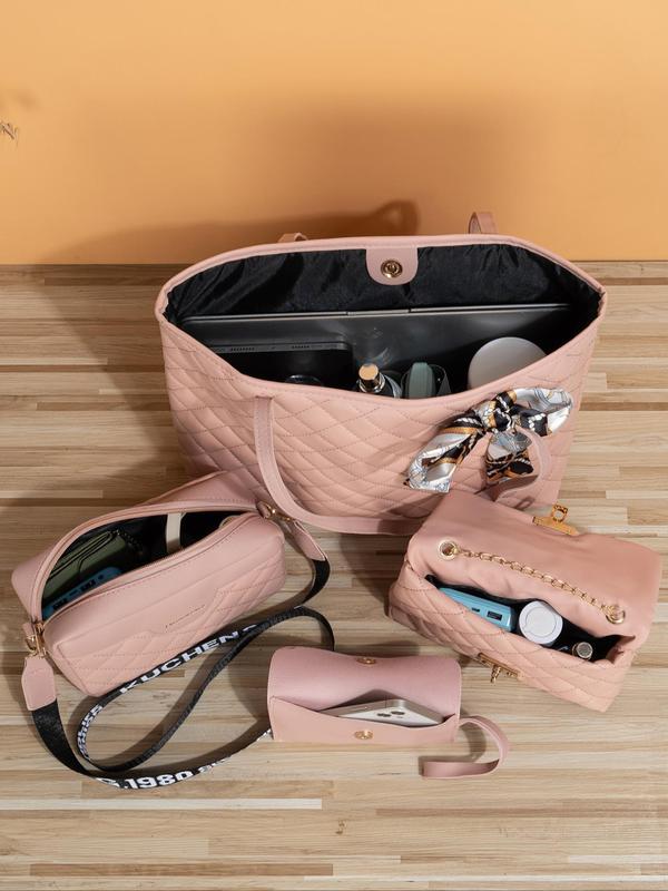Summer 2025 Rhombus Quilted Lux Bag Set, Travel Essentials for Women,  Gifts for Girlfriend, Scarf Bow Decor Shoulder Bag & Crossbody Bag & Cute Plush Handbags & Wristlet Wallet & Crossbody Bag, Work Bag 4