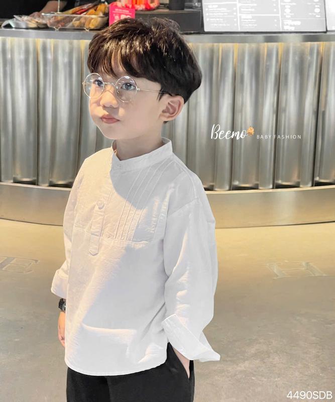  Áo sơ mi dài tay Beemo cổ tàu xếp li ngực vải thô Hàn cao cấp cho bé mặc đi học đi chơi 4490SDB 