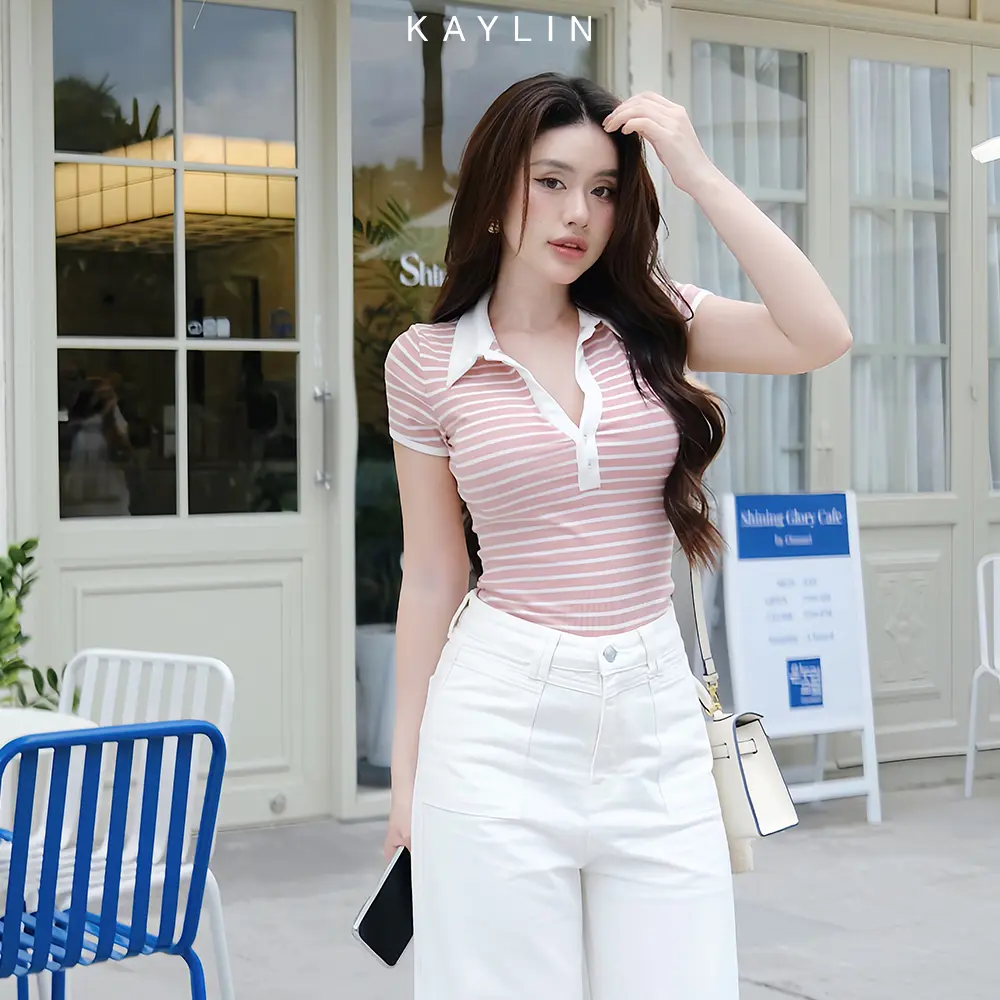 Áo thun nữ KAYLIN form ôm cổ Sơ mi phối sọc chất vài thun co giản form Polo phong cách công sở thanh lịch - N2252 Top Women Polo Cotton | BigBuy360 - bigbuy360.vn
