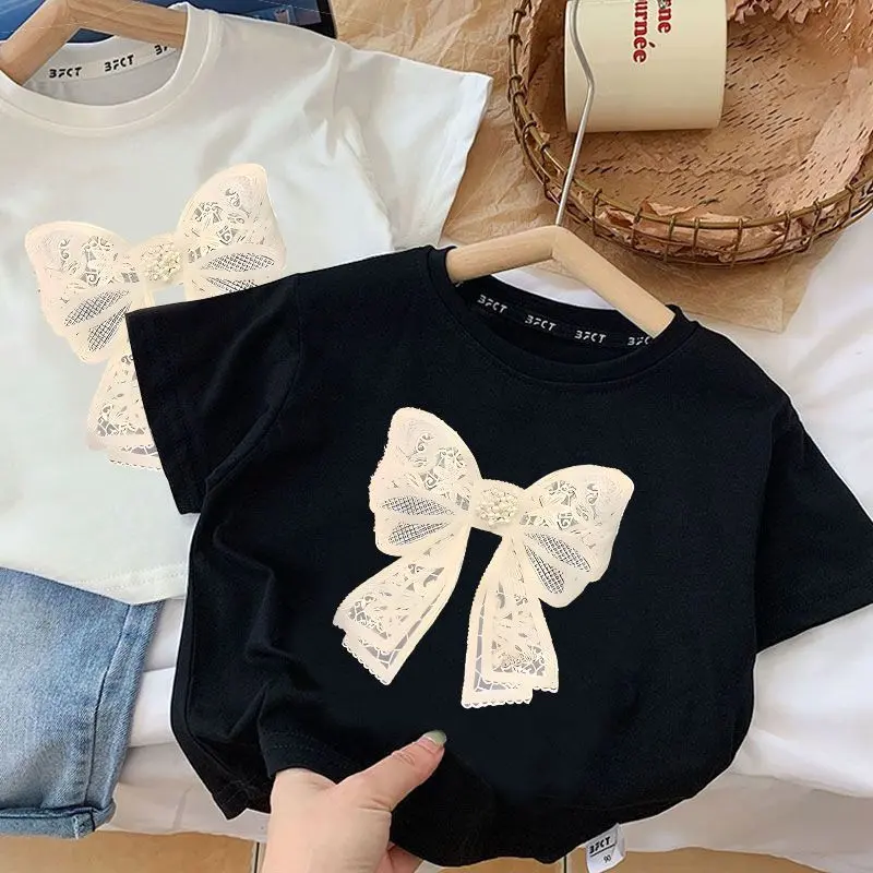 Áo Thun Cotton Ngắn Tay, Cho Bé Gái, Hàng Mới Về Mùa Hè 2024, Áo Tay Lửng Hợp Xu hướng Cho Trẻ Em Bé Gái, Phong Cách Hàn Quốc, Thích Hợp Cho Mùa Hè, Cho Bé