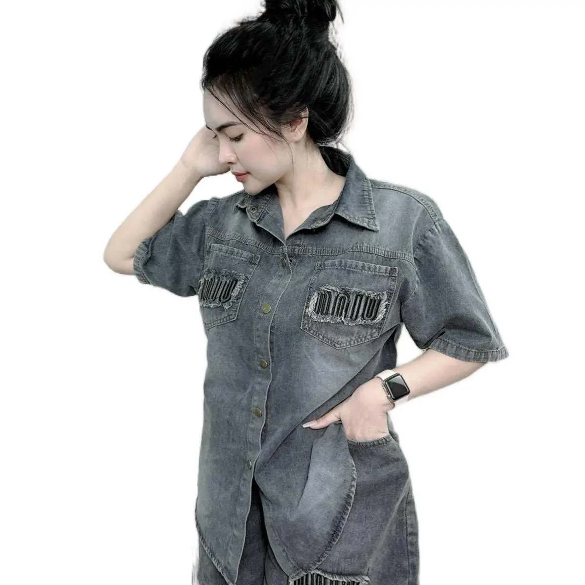 Sét bộ jeans thêu túi kèm quần đùi .Set bò thời trang nữ cao cấp MS-162 Áo Top Women Kem bộ bò thổ  quảng châu