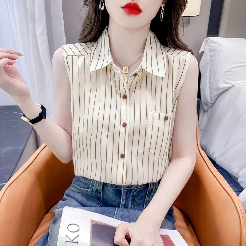 Áo Voan Kẻ Sọc, Dành Cho Nữ, Áo Không Tay, Bộ Sưu Tập Mùa Hè Mới 2024 2